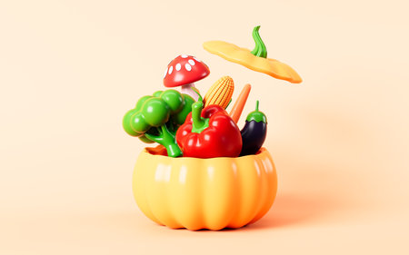 Cartoon pumpkin shaped basket and various vegetables on the yellow background, 3d rendering. 3d illustration.の写真素材
