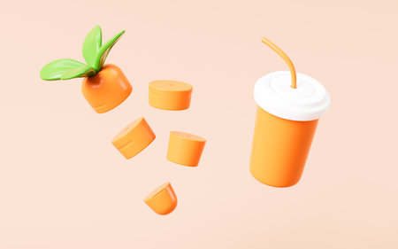 Cartoon orange carrot and carrot juice, healthy diet and healthy lifestyle, 3d rendering. 3d illustration.の写真素材
