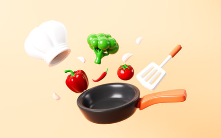 Cartoon chef hat, kitchenware and red pepper, broccoli and so on vegetables on the yellow background, 3d rendering. 3d illustration.の写真素材