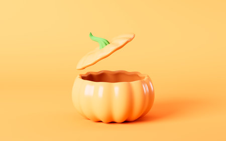 Cartoon opening pumpkin shaped container, pumpkin shaped basket, 3d rendering. 3d illustration.の写真素材