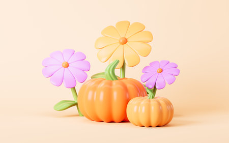 Cartoon various pumpkins and flowers on the yellow background, 3d rendering. 3d illustration.の写真素材