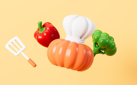 Cartoon pumpkin with the chef hat and vegetables on the yellow background, 3d rendering. 3d illustration.の写真素材