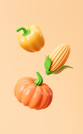 Cartoon pumpkin, corn and bell pepper on the yellow background, yellow vegetable, 3d rendering. 3d illustration.の写真素材