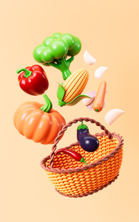 A wide variety of vegetables flying from basket on the yellow background, 3d rendering. 3d illustration.の写真素材