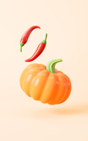 Cartoon pumpkin and red chili on the yellow background, 3d rendering. 3d illustration.の写真素材