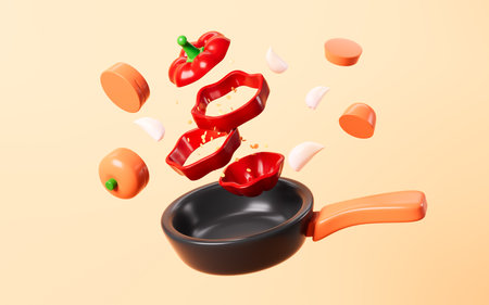 Cartoon chopped red pepper and carrot flying on the yellow background, 3d rendering. 3d illustration.の写真素材