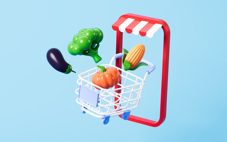 Fresh vegetables and fruits shopping online, online grocery shopping and online order, 3d rendering. 3d illustration.の写真素材