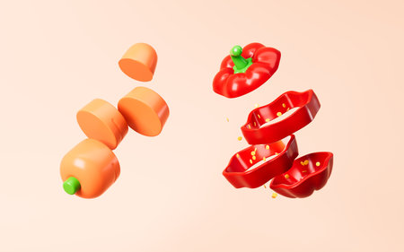 Cartoon sweet pepper, chopped bell pepper model, 3d rendering. 3d illustration.の写真素材