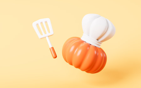 Pumpkin with the chef hat and kitchenware on the yellow background, 3d rendering. 3d illustration.の写真素材