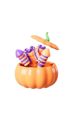 Cartoon Gifts and fireworks in the pumpkin shaped box, Thanksgiving gift, Halloween gift, 3d rendering. 3d illustration.の写真素材
