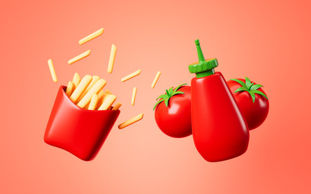 Cartoon tomato sauce, tomatoes and chips on the red background, 3d rendering. 3d illustration.の写真素材