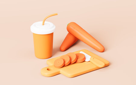 Cartoon orange carrot and carrot juice, healthy diet and healthy lifestyle, 3d rendering. 3d illustration.の写真素材