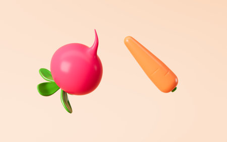 Cartoon round radish and carrot, healthy diet and healthy vegetables, 3d rendering. 3d illustration.の写真素材