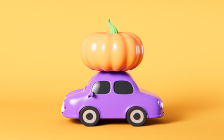 Purple car had a pumpkin on its roof on the yellow background, 3d rendering. 3d illustration.の写真素材
