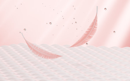 Abstract white curves background and pink floating feathers, 3d rendering. 3d illustration.の写真素材