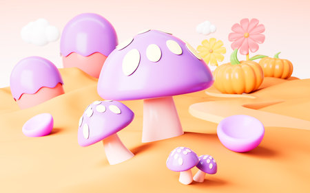 Cartoon mushrooms and countryside background, 3d rendering. 3d illustration.の写真素材