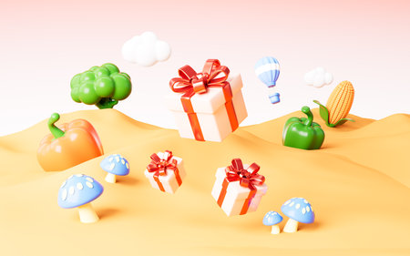 Cartoon gifts with various vegetable outdoor background, 3d rendering. 3d illustration.の写真素材