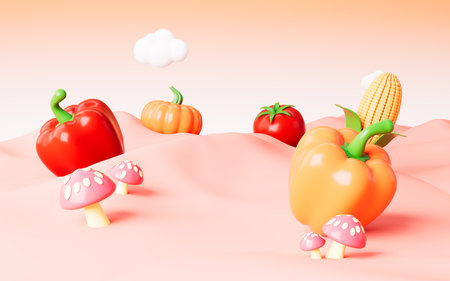 Cartoon various vegetables outdoor background, 3d rendering. 3d illustration.の写真素材