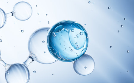 Blue glass spheres and molecules on soft background, Concept skin care Cosmetics background, 3D rendering. 3d illustration.の写真素材