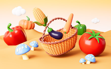 A wide variety of vegetables flying from basket on the outdoor background, 3d rendering. 3d illustration.の写真素材