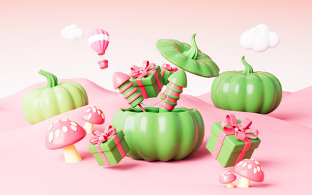 Cartoon Gifts and fireworks in the pumpkin shaped box, Thanksgiving gift, Halloween gift, 3d rendering. 3d illustration.の写真素材