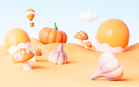 Cartoon autumn outdoor vegetable good harvest background, 3d rendering. 3d illustration.の写真素材