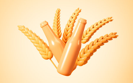 Cartoon golden wheat and beer, autumn harvest concept, 3d rendering. 3d illustration.の写真素材