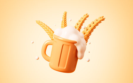 Cartoon golden wheat and beer, autumn harvest concept, 3d rendering. 3d illustration.の写真素材