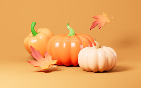 Cartoon kinds of pumpkins on the yellow background, 3d rendering. 3d illustration.