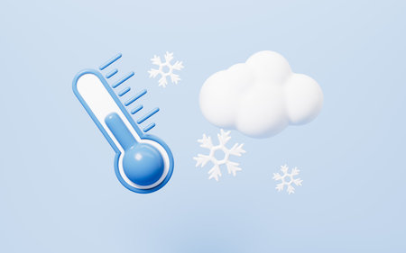 Cartoon thermometer and snowflake, winter temperature drop, 3d rendering. 3d illustration.の写真素材