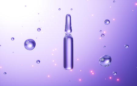 Glass serum, transparent ampoule and glass spheres with purple background, cosmetics and skincare concepts, 3d rendering. 3d illustration.の写真素材