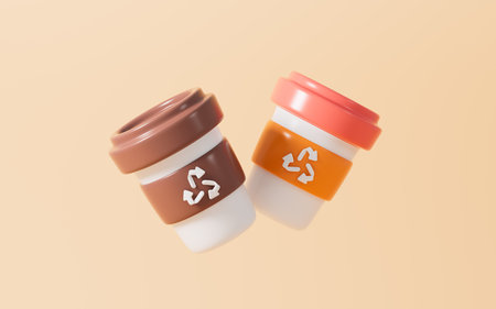 drink cups with recyclable logos, environmental protection concept, 3d rendering. 3d illustration.