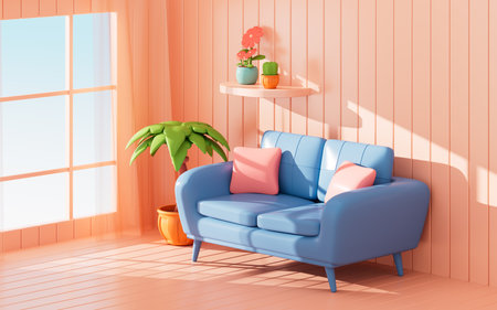 Cartoon living room, sofa and wall, minimalist and comfortable style, 3d rendering. 3d illustration.の写真素材