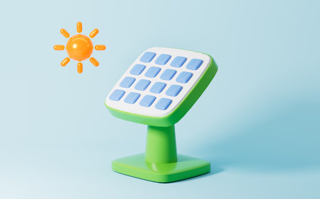 Cartoon solar panel, solar array, 3d rendering. 3d illustration.の写真素材