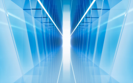 Blue neon tunnel and light background, abstract and technology concept, 3d rendering. 3d illustration.の写真素材