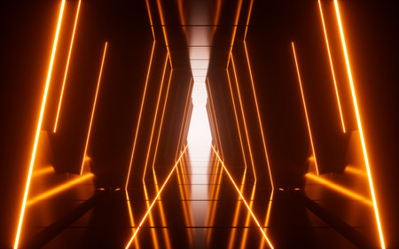 Orange neon tunnel and light background, abstract and technology concept, 3d rendering. 3d illustration.の写真素材
