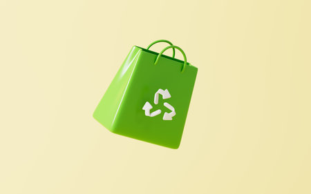 Kraft paper bags with recyclable logo, environmental protection concept, 3d rendering. 3d illustration.の写真素材