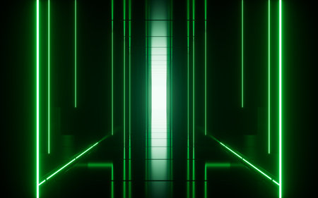 Green neon tunnel and light background, abstract and technology concept, 3d rendering. 3d illustration.の写真素材