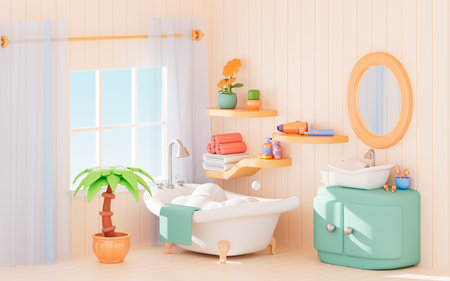 Cartoon bathroom model with bathtub, 3d rendering. 3d illustration.の写真素材