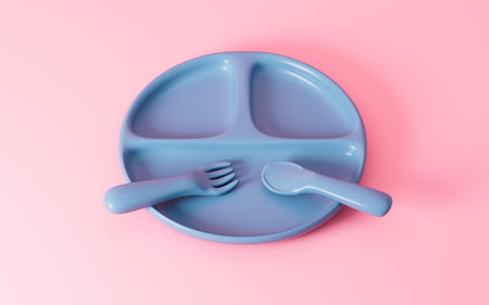 Cartoon baby complementary food tableware, 3d rendering. 3d illustration.の写真素材