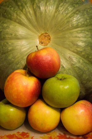 Apples on a background of pumpkin.の写真素材