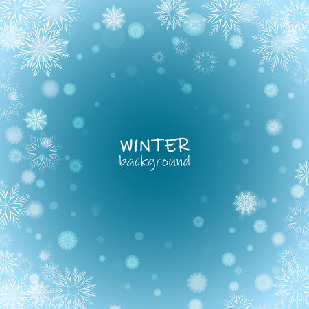 Blue holiday winter background with white blurred and clear snowflakes. Vector Illustration. EPS 10のイラスト素材