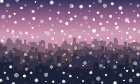 Evening landscape of city in the snow. Night cityscape background with falling snowのイラスト素材