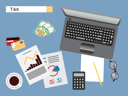 Tax miscalculation of documents payment day. Government, digital State taxes. Tax form on a clipboard, schedule, money, cash, credit card,, calculator, Compute. Vector illustration.のイラスト素材