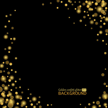 Gold confetti glitter on black background. Alluring festive overlay template. Majestic sparkling Polka dots vector illustrationのイラスト素材