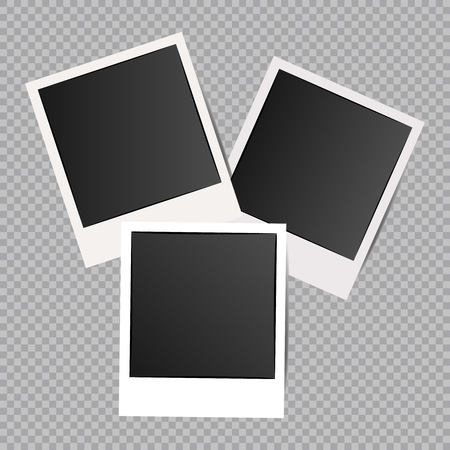 Set of Retro photo frames with shadows. Photograph empty blank template. Vector mockup design. White border on a transparent backgroundのイラスト素材