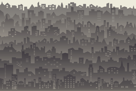 Vector abstract background of big city with roofs, windows in dusk mist, Decorative horizontal landscape of modern cityのイラスト素材