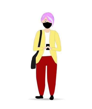 Girl covered the medical mask walking outdoors with smartphone in hand. Flat vector illustration of woman concept wearing protective mask for prevent virus Covid-19.のイラスト素材