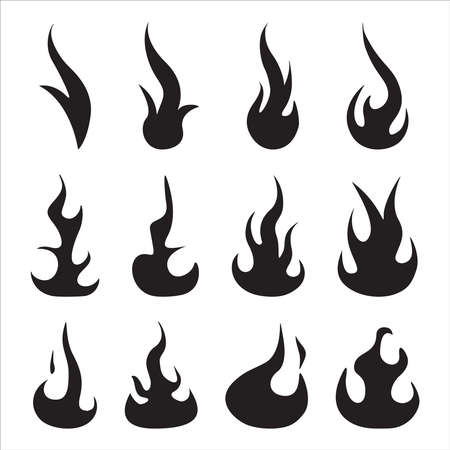 Black Fire Flame isolated icons set. Different dark fire symbols in modern flat style. Flaming elements of candle, heat, fire, fireplace, burning, energy. Vector illustration.のイラスト素材