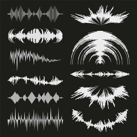 White music waves   collection with audio symbols on black background. Modern sound equalizer elements set. Vector flat isolated waveform technology illustration.のイラスト素材